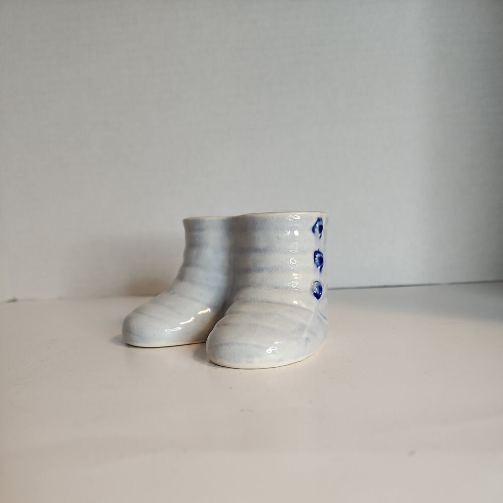 Vtg OJ Blue BABY BOOTIES High TOP SHOES Buttons Ceramic Planter Occupied Japan